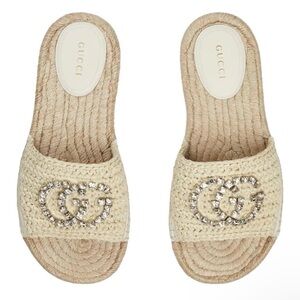 GUCCI Cora Crystal GG Logo Raffia Slides Mules
Espadrille Sandals Shoes